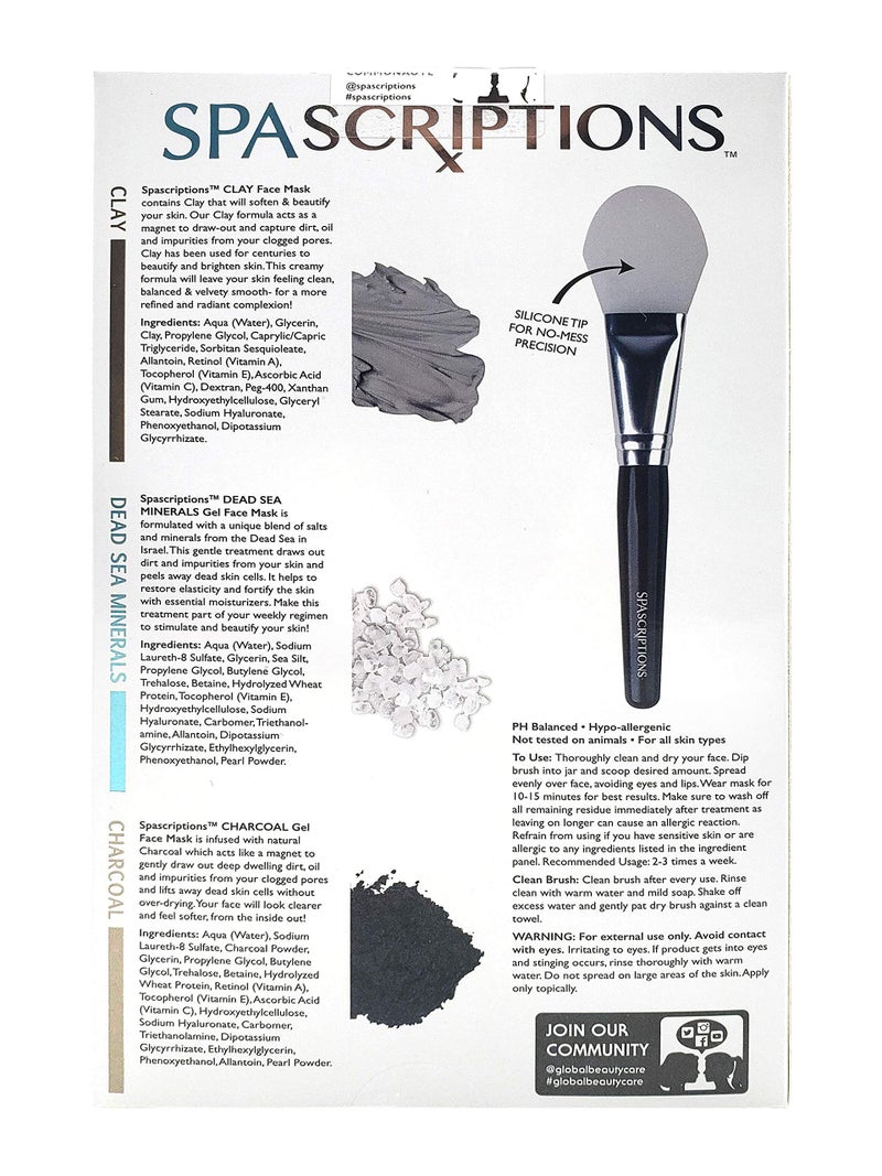 SpaScriptions Dead Sea, Charcoal, & Clay Gel Face Mask with Silicone Applicator - 3 Pack, 1.7 oz each Jar, 5.1 oz total - Image 2